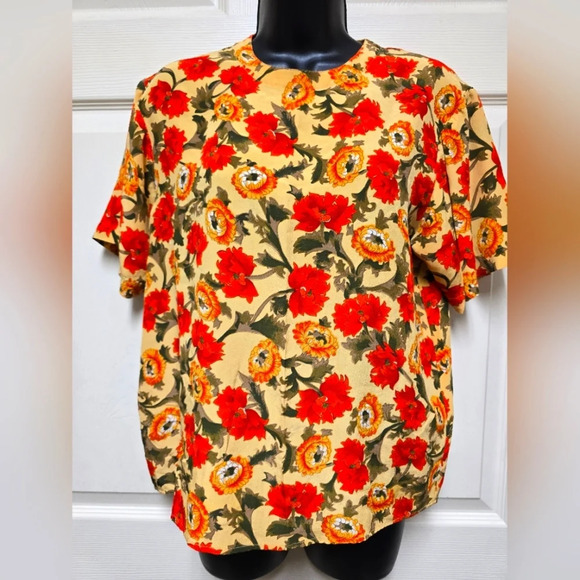 Oscar de la Renta Tops - Vintage 100% Silk Oscar De La Renta Expression Floral Short Sleeve Blouse SzM